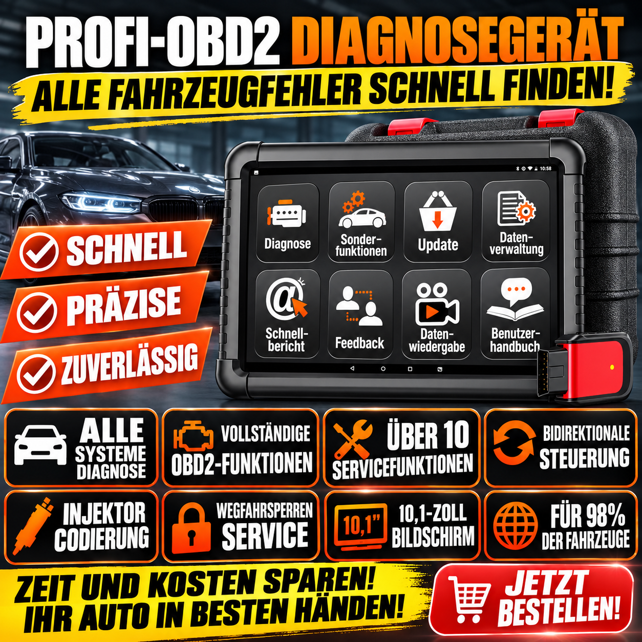 Professionelles 10,1″ OBD2-Diagnosegerät mit Bluetooth