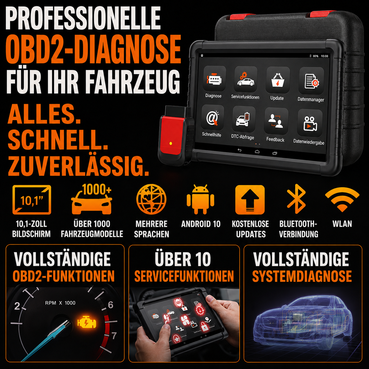 Professionelles 10,1″ OBD2-Diagnosegerät mit Bluetooth
